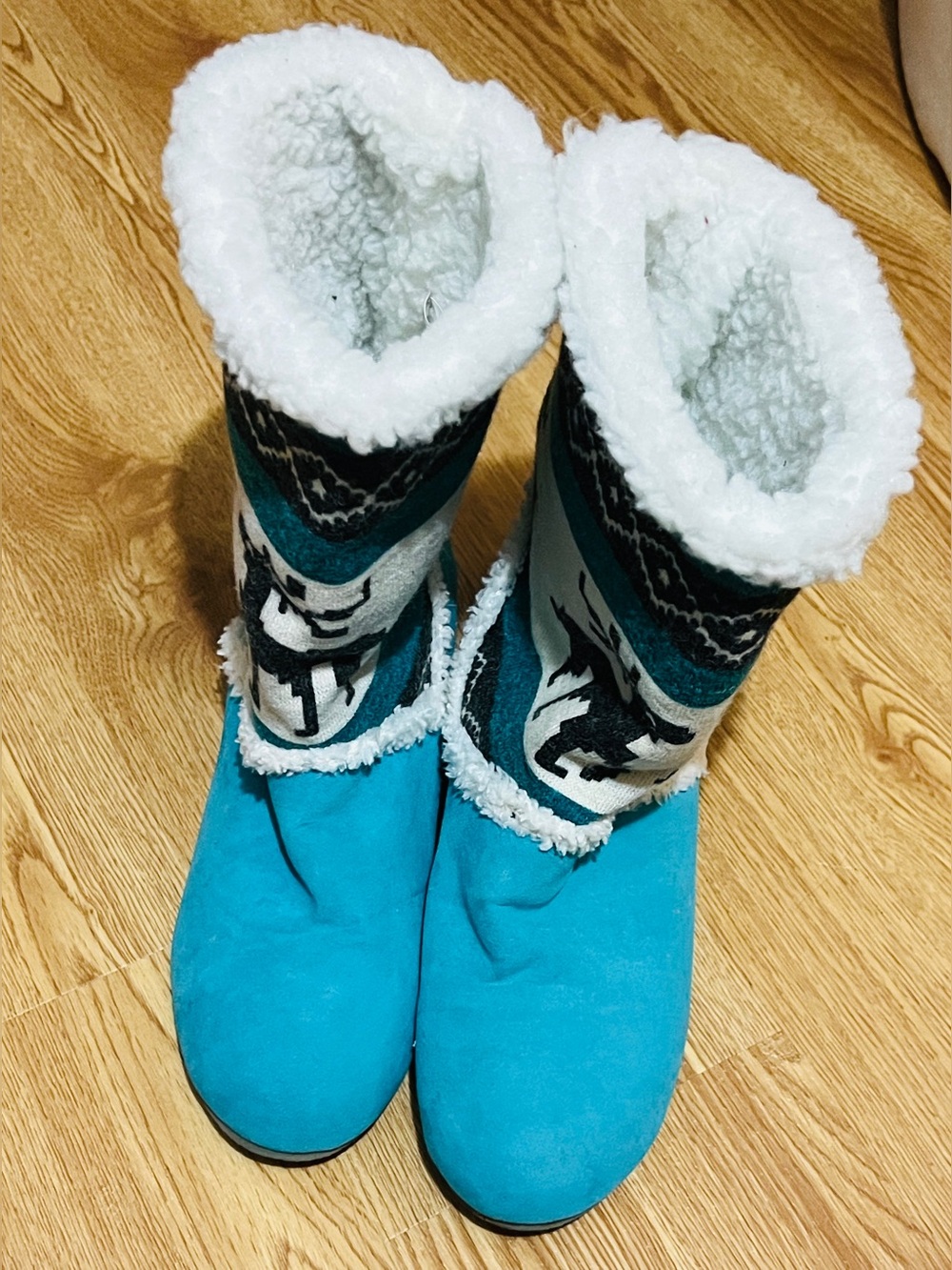 Cozy Teal Fair Isle Reindeer Sherpa-Lined Bootie Slippers - Size 40 (10x3)